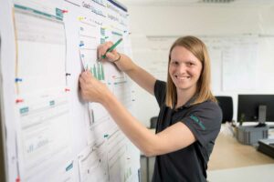 Ms. Anne Heinig at a whiteboard with documents