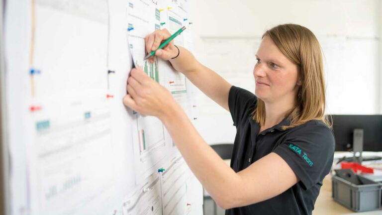 Frau Anne Heinig steht an einem Whiteboard mit zahlreichen Dokumenten darauf. Mit einem Stift trägt sie auf einem Dokument etwas ein.